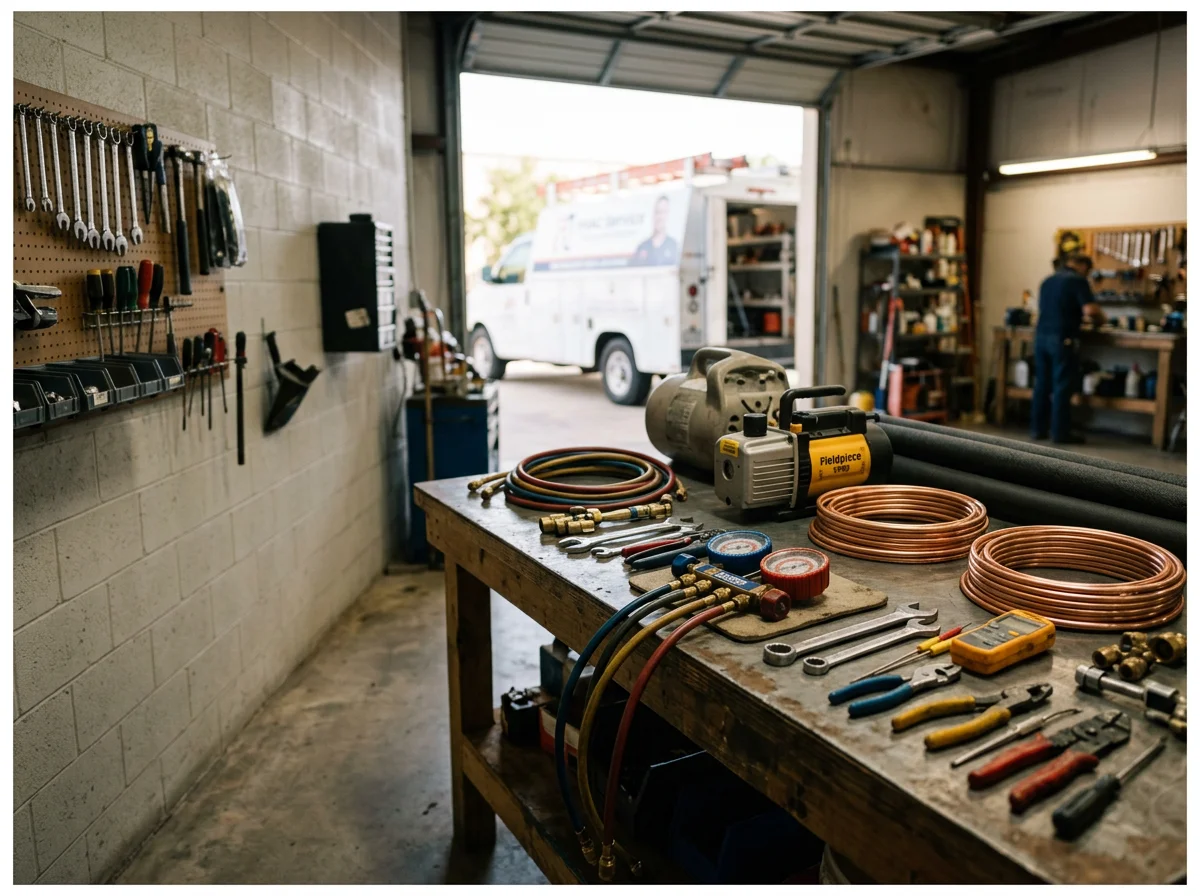 HVAC technician tools and equipment arranged on a workbench, showcasing the trade expertise and service readiness.