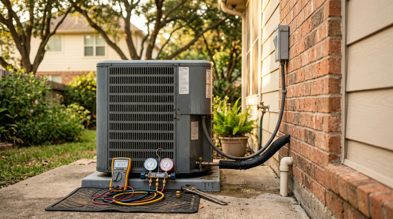 Air conditioning repair technician diagnosing a cooling system malfunction