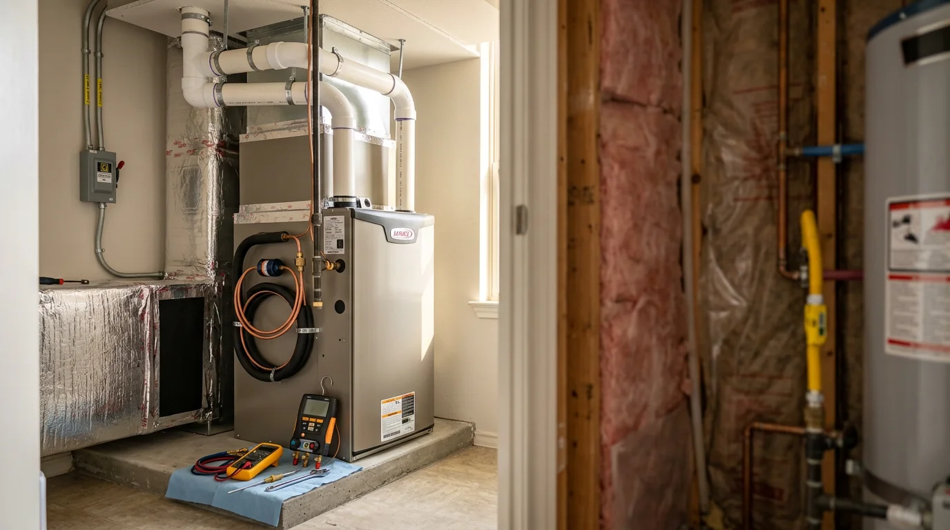 Heating system technician performing maintenance on residential furnace