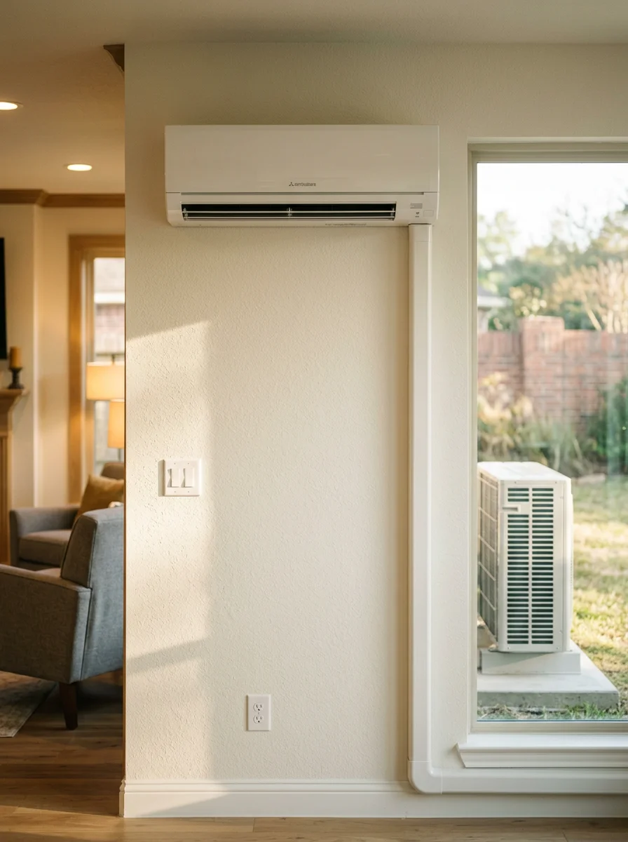 Ductless mini-split air handler mounted on the wall of a Cypress, TX home addition, with the outdoor condenser unit visible through the window on the exterior wall.