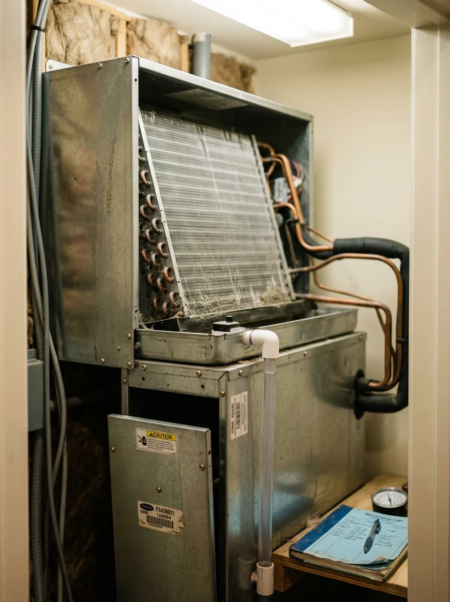 Fan coil unit inside a Galleria-area Houston condominium utility closet, with the technician inspecting the coil and drain pan during a maintenance visit.
