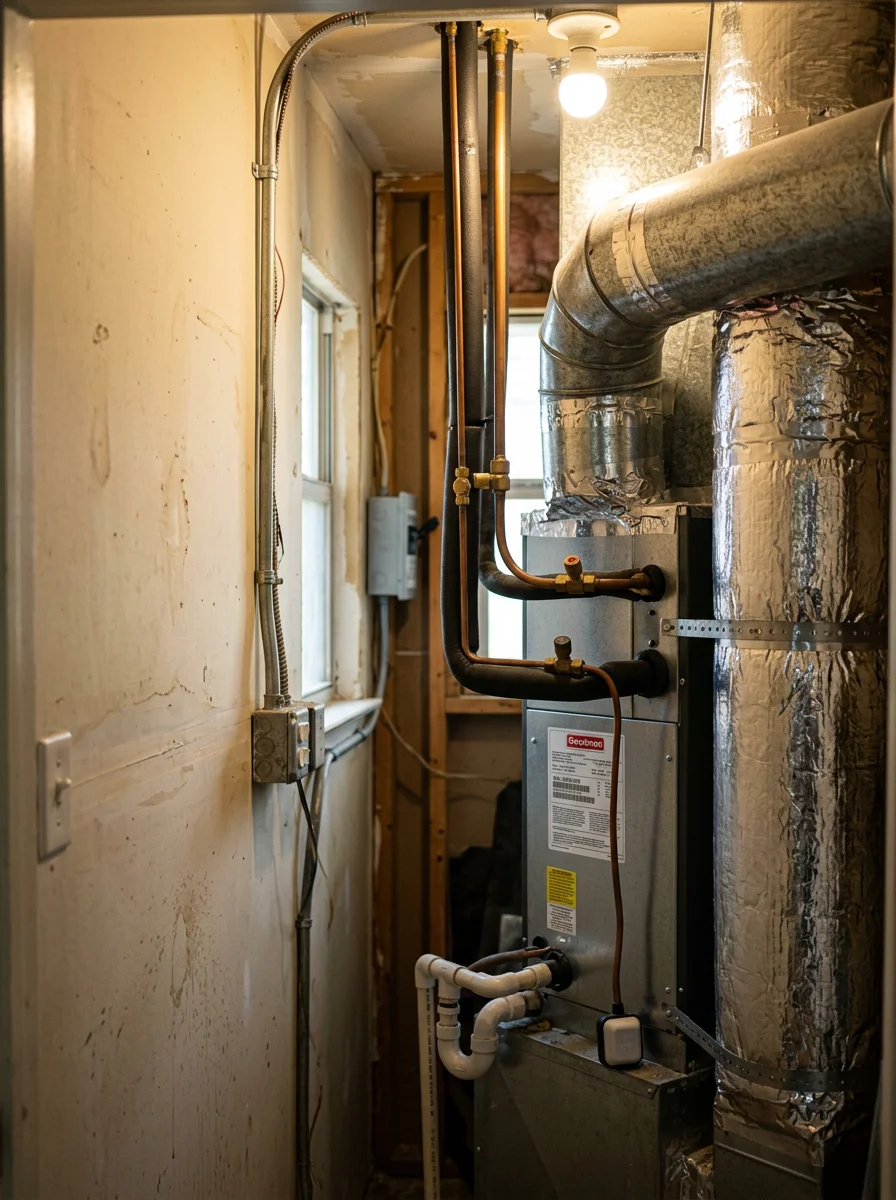 Close-up of an air handler unit installed in a Houston home's utility closet, with refrigerant lines and ductwork connections visible.