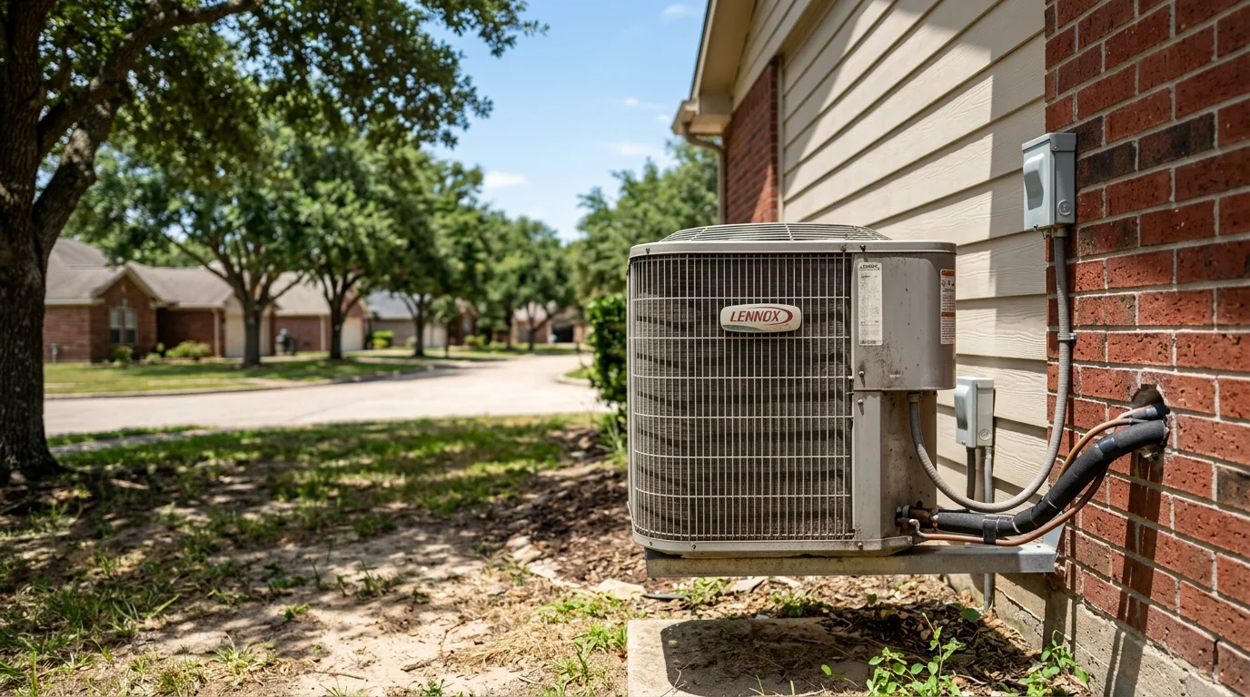 HVAC technician inspecting an outdoor air conditioning condenser unit on the side of a Houston-area home during summer, with a suburban neighborhood visible in the background.