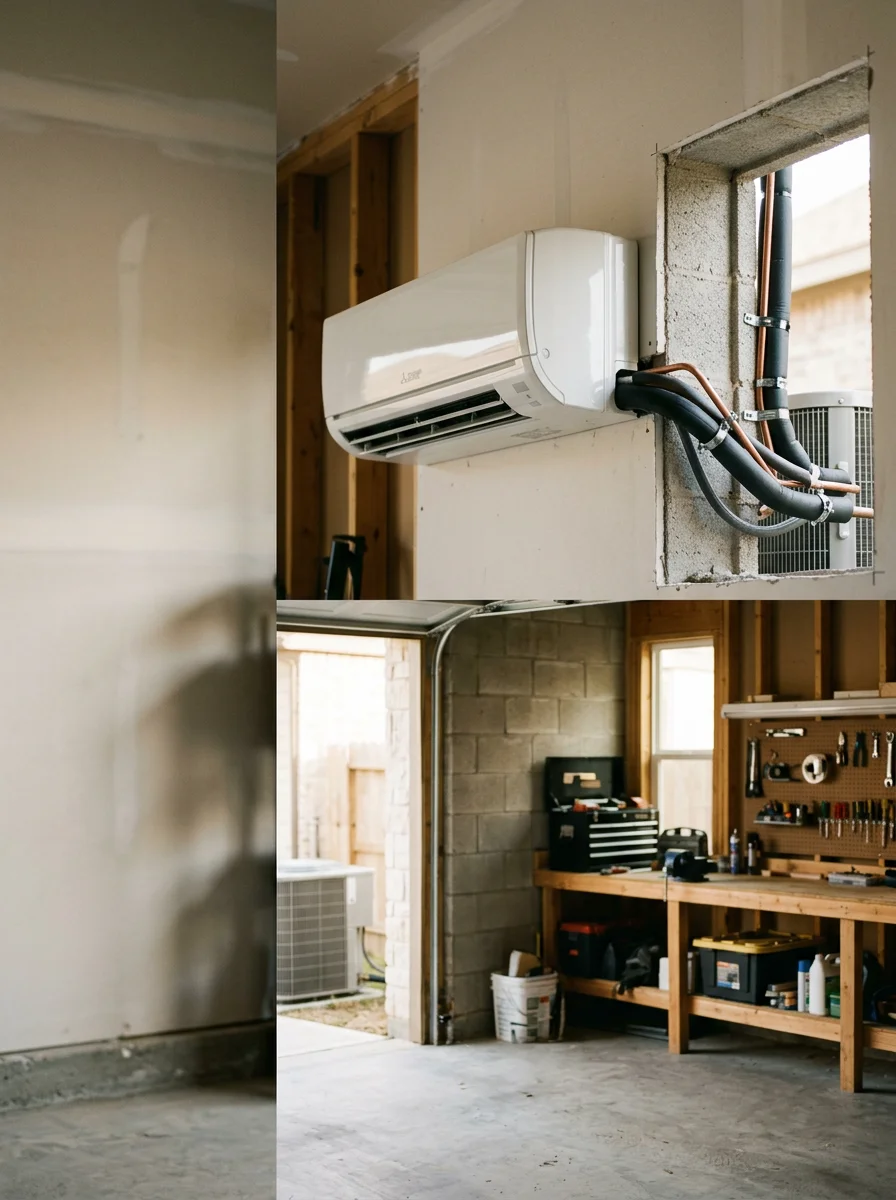 Ductless mini-split air handler mounted on the interior wall of a Katy, TX garage workshop, with refrigerant lines running through the exterior block wall.
