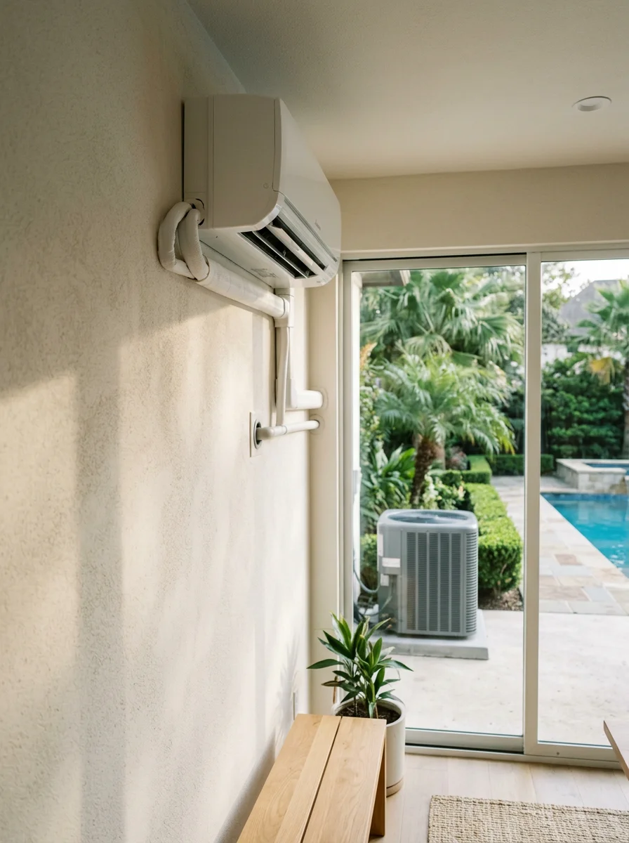 Ductless mini-split air handler mounted on the wall of a Memorial Area Houston pool house, with the outdoor condenser unit visible through the glass door on the exterior patio.