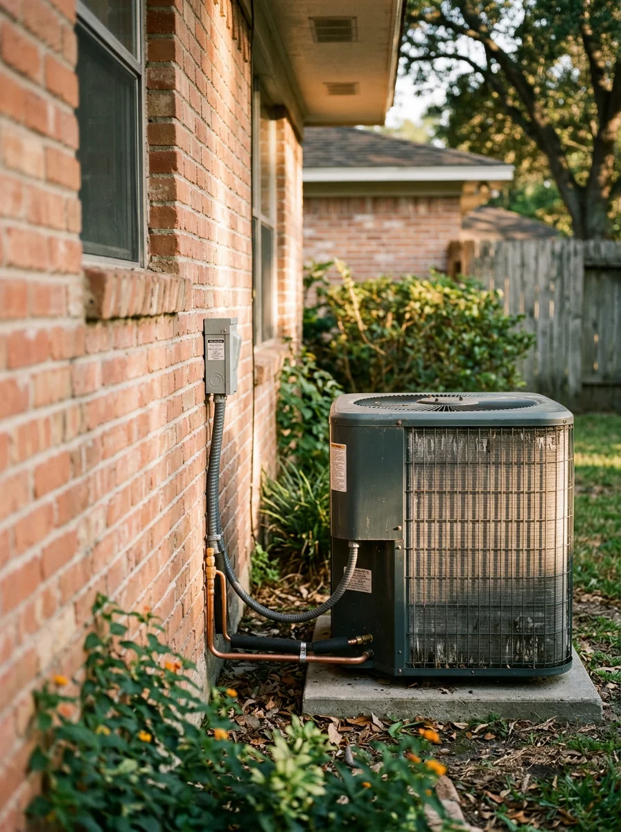 Outdoor condenser unit beside a 1960s-era brick ranch home in a North Houston neighborhood, with the technician inspecting the coil fins and electrical connections.