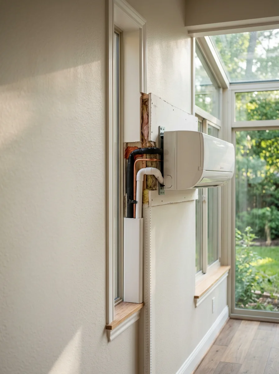 Indoor air handler unit mounted on the wall of a sunroom addition in a Woodlands, TX home, with refrigerant lines running through the exterior wall.