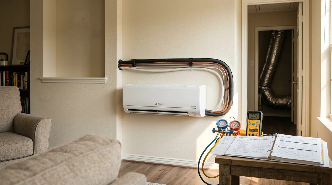 A new central air conditioning condenser unit installed beside a residential home in the Houston Metro area. The outdoor unit sits on a level pad next to the house exterior, with copper line sets running to the indoor air handler.