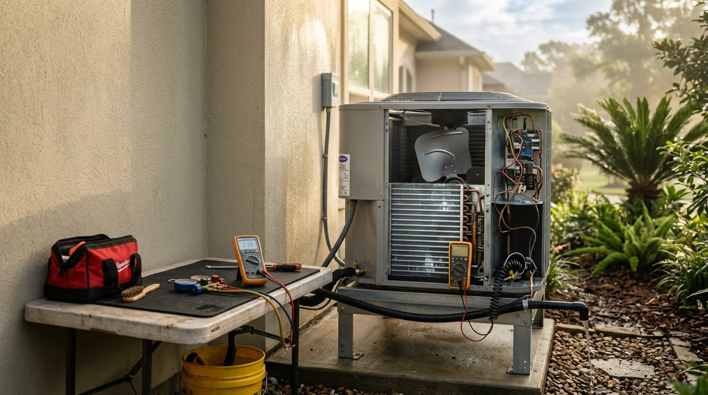 A Primo Air Masters technician inspecting and cleaning the evaporator coil of a residential air conditioning unit at a Houston Metro area home. The outdoor condenser unit sits on a concrete pad beside the house during a routine AC maintenance visit.