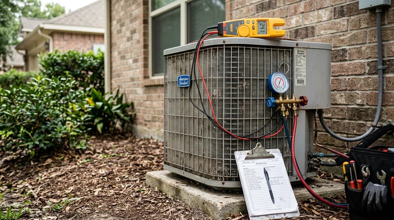 A Primo Air Masters technician inspecting the outdoor condenser unit of a residential air conditioning system in the Houston Metro area. The technician uses diagnostic tools to test electrical components and refrigerant pressure on a hot Texas day.