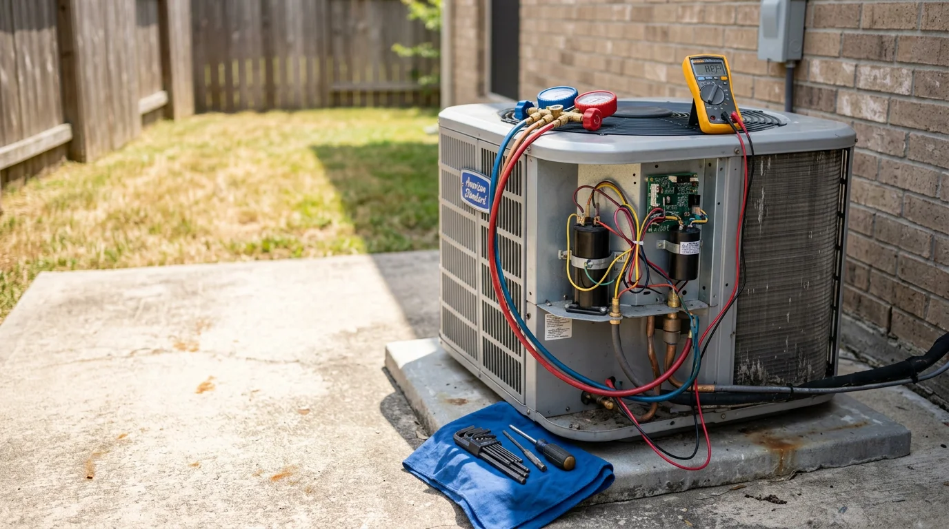 A Primo Air Masters technician inspecting the outdoor AC compressor unit at a Houston Metro area home. The technician uses diagnostic equipment to test electrical components on the condenser unit in a residential backyard.