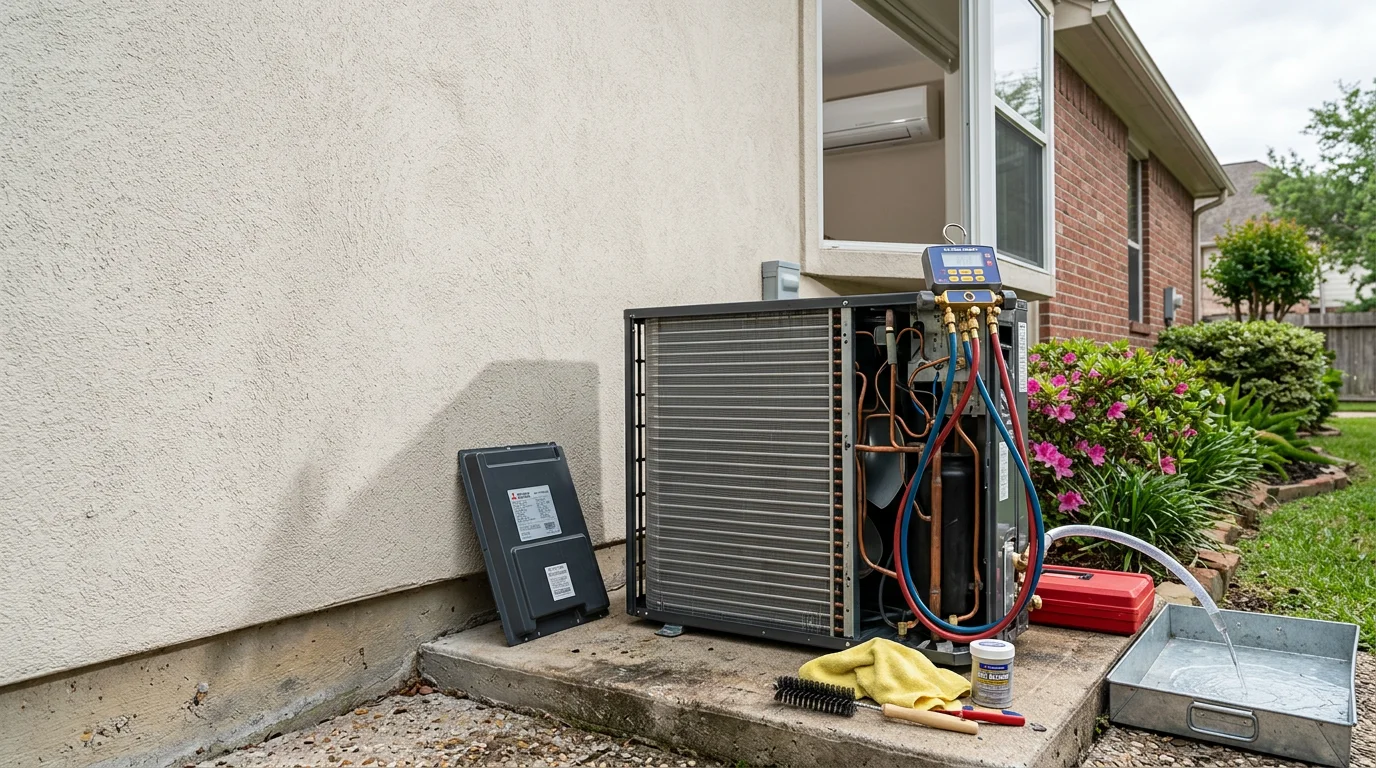 A Primo Air Masters technician inspecting and cleaning the indoor air handler of a ductless mini-split system mounted on a wall inside a Houston Metro area home. The outdoor condenser unit is visible through the window in the background.