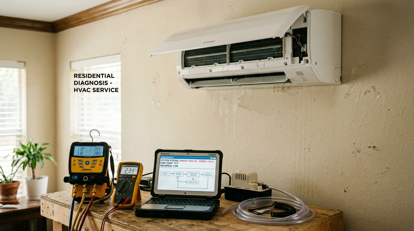 A Primo Air Masters technician inspecting the indoor air handler of a wall-mounted ductless mini split unit inside a Houston Metro area home. The technician examines the blower and drain components during a ductless system repair visit.