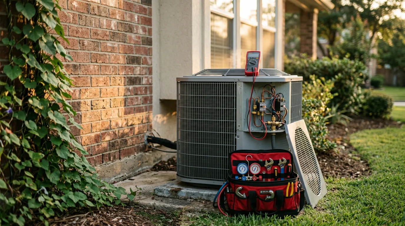 A Primo Air Masters technician inspecting an outdoor AC condenser unit at a residential home in the Houston Metro area. The technician is examining components in a suburban neighborhood setting during summer conditions.