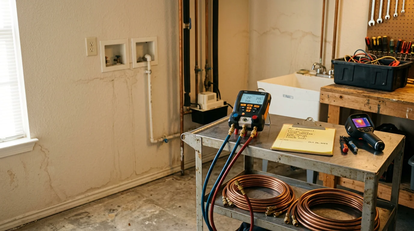 A Primo Air Masters technician reviewing heating equipment performance data with a homeowner inside a Houston Metro area residence. The consultation focuses on identifying efficiency gaps in the home's existing heating system.