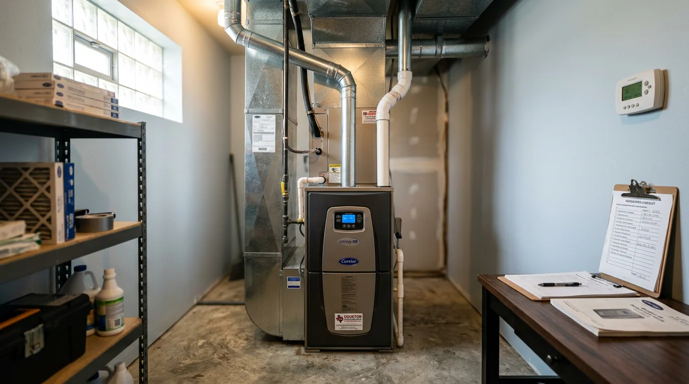 A technician from Primo Air Masters reviewing furnace equipment options with a homeowner in a Houston Metro residence. The image shows heating unit specifications being compared for a home selection consultation.
