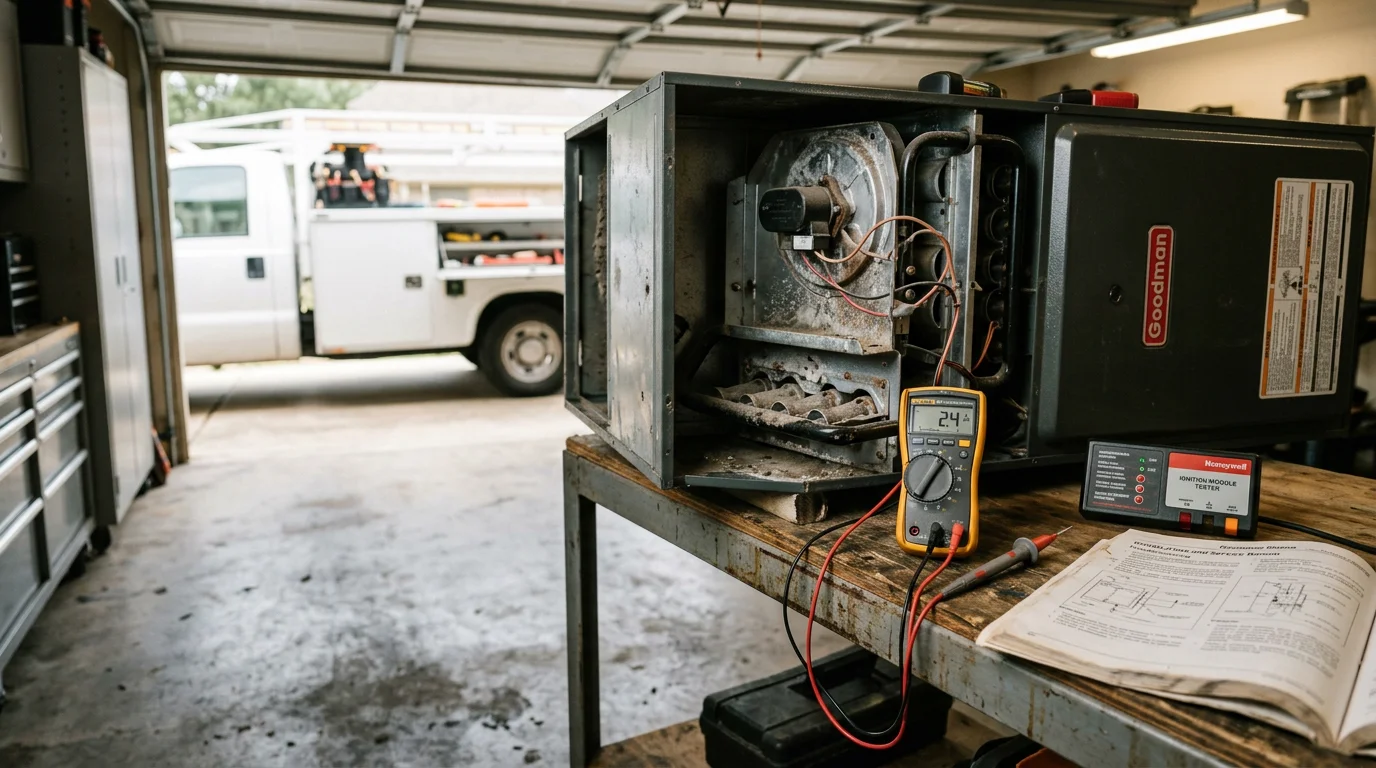 A heating contractor inspecting the internal components of a gas furnace inside a Houston Metro area home. The technician examines the burner assembly and flame sensor during a furnace repair service call.