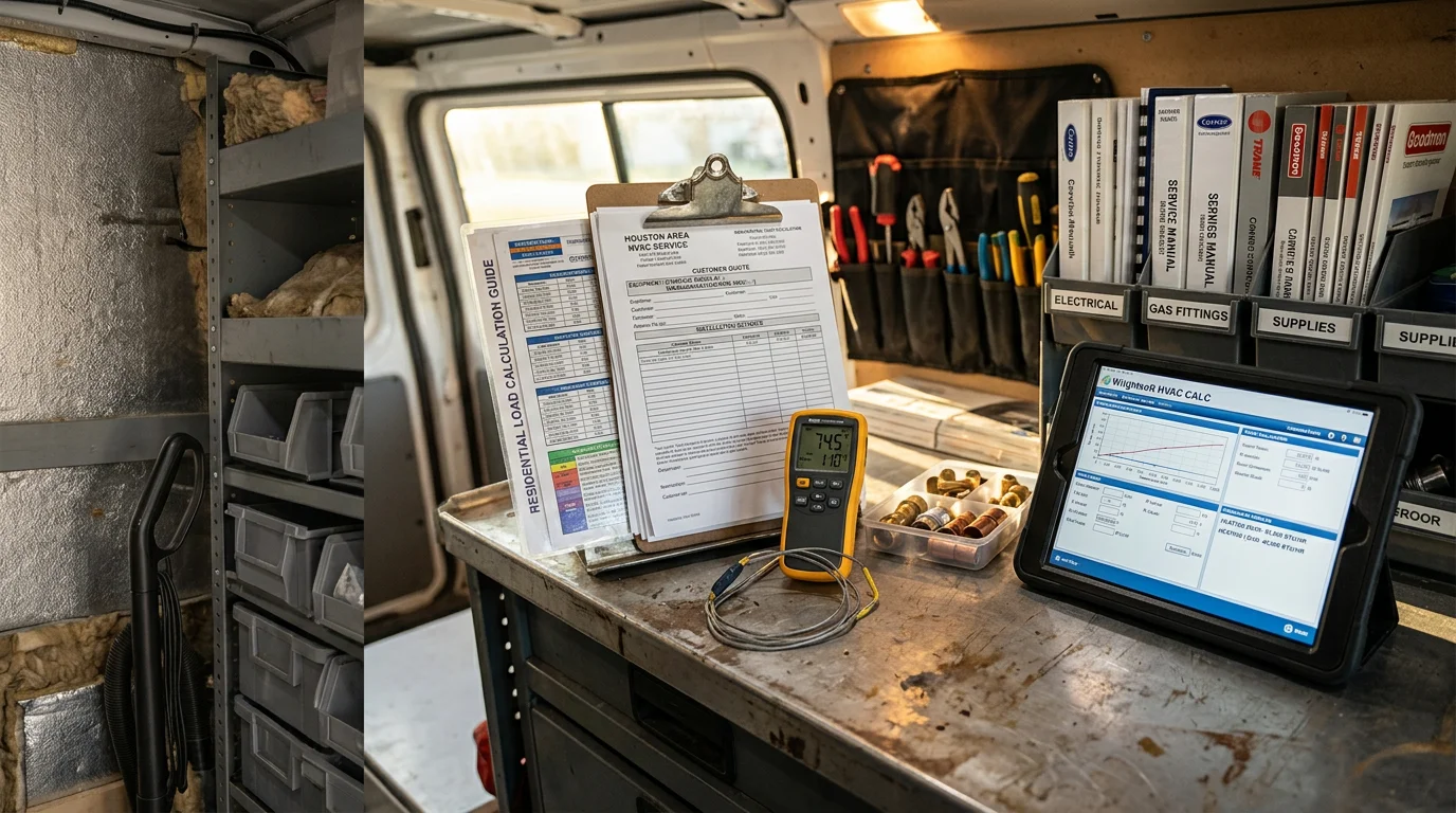 A Primo Air Masters technician reviewing a heating equipment quote with a homeowner inside a residential property in the Houston Metro area. The image shows a professional consultation setting with heating unit documentation visible.