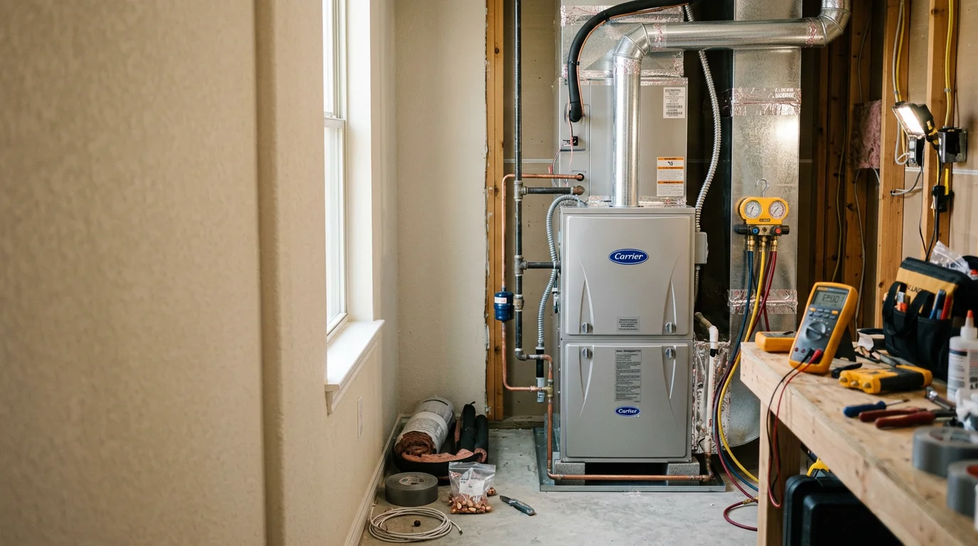 A heating technician completing a heating equipment replacement in a Houston Metro area home, with the new unit installed in a utility closet and ductwork connections visible. The setting reflects a typical residential property in the greater Houston region.