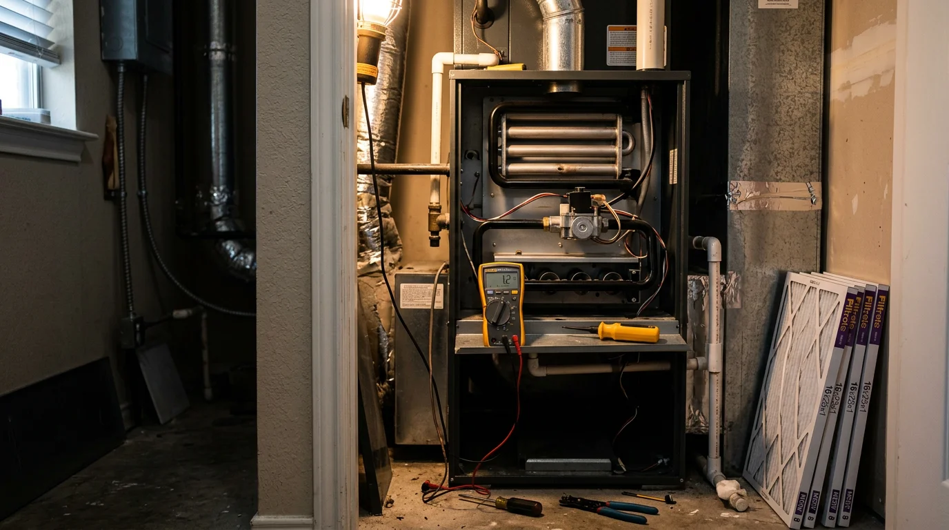 A Primo Air Masters technician inspecting a residential heating system during a maintenance visit in the Houston Metro area. The technician checks internal components of a furnace unit inside a Houston-area home.