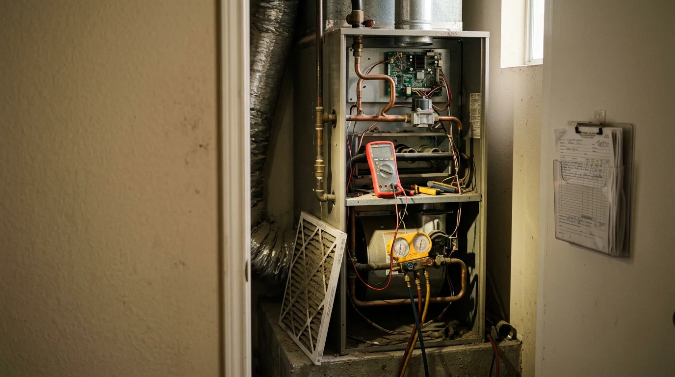 A Primo Air Masters heating contractor inspecting an indoor heating system unit in a Houston Metro area home. The technician examines internal components with a diagnostic tool during a repair visit.