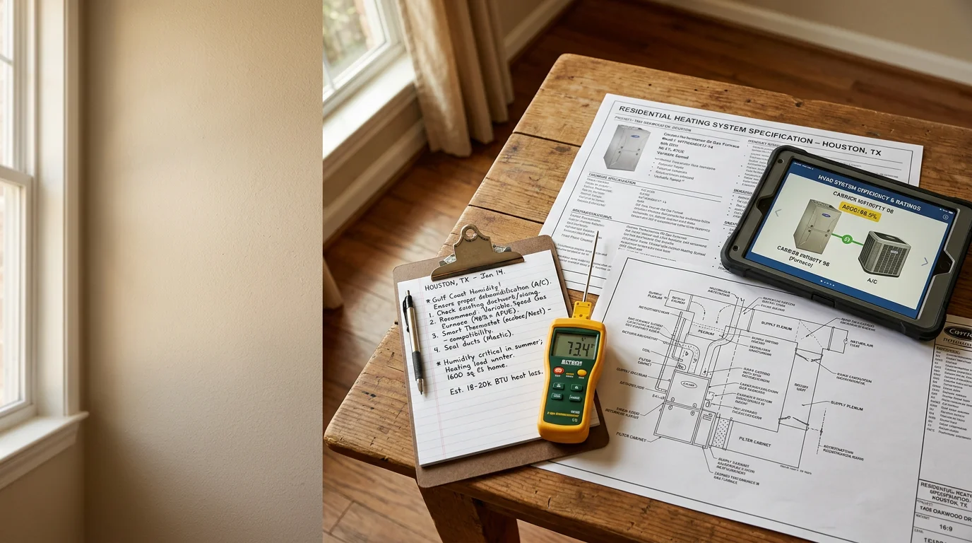A Primo Air Masters heating equipment consultant speaking with a homeowner in a Houston Metro area living room, reviewing heating system options together. The consultation setting reflects a calm, professional exchange focused on helping the homeowner make an informed decision.