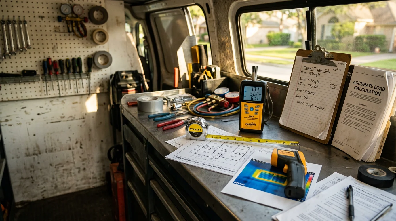 A heating equipment specialist reviewing insulation and ductwork details inside a Houston Metro area home during a heating system sizing assessment. The technician examines wall and ceiling construction to determine the home's actual heat loss before recommending equipment capacity.