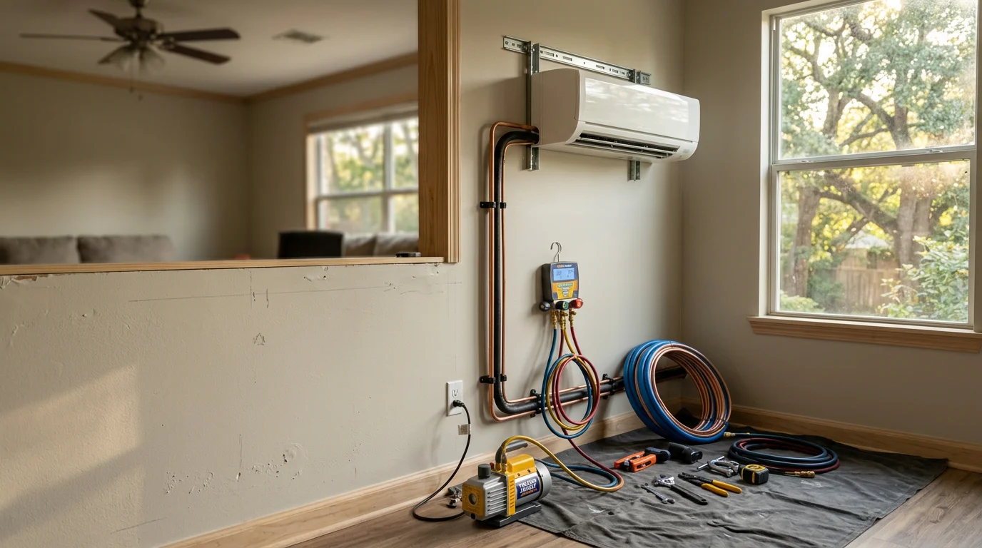 A wall-mounted mini-split indoor air handler installed in a Houston-area home addition, with the outdoor compressor unit positioned on the exterior wall beside a brick facade. The installation shows clean refrigerant line routing and a tidy wall mount in a finished living space.