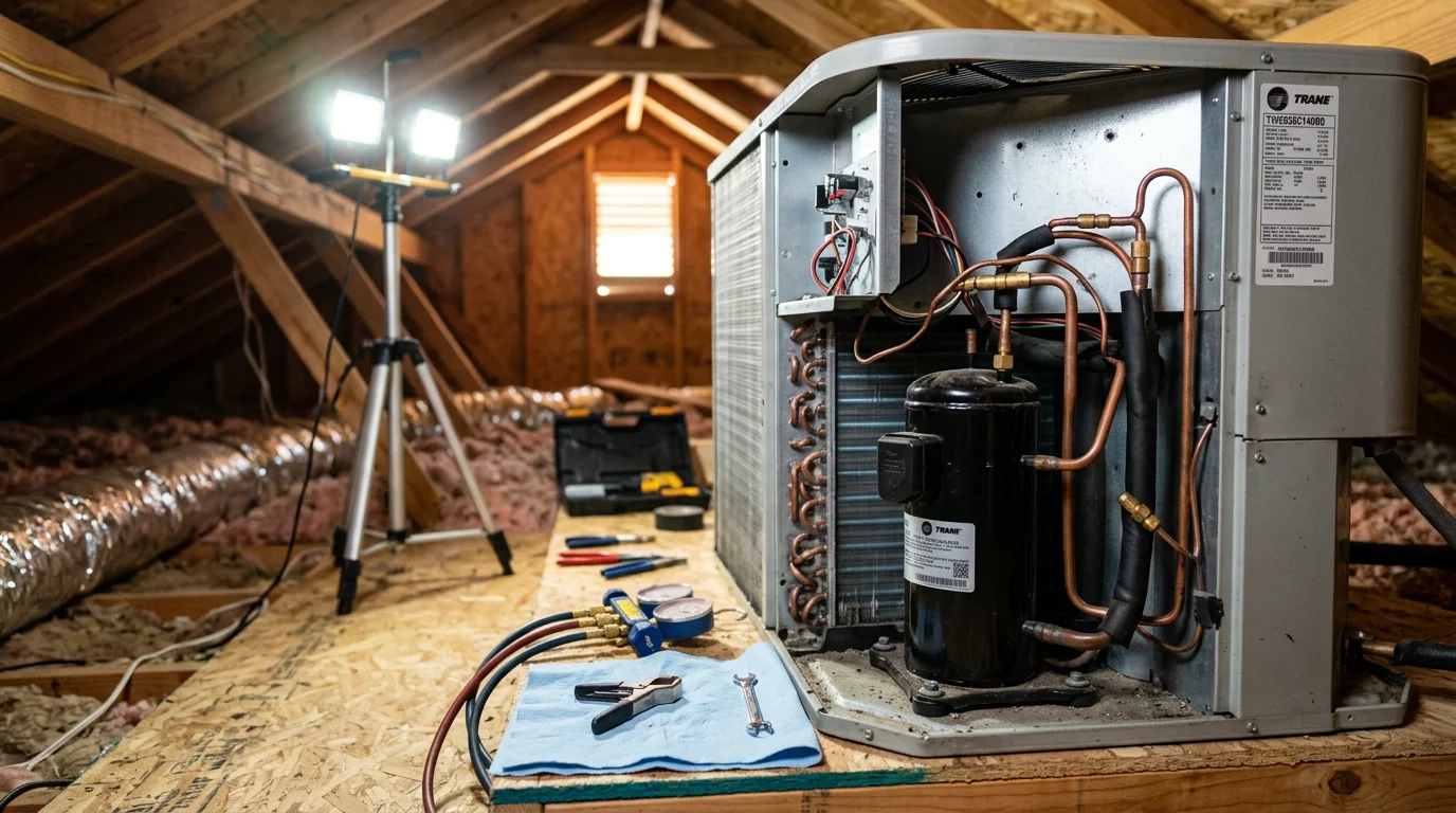 An HVAC technician inspecting refrigerant lines on a residential air conditioning unit in the Houston Metro area. The technician examines copper tubing at the outdoor condenser during a refrigerant leak repair service call.